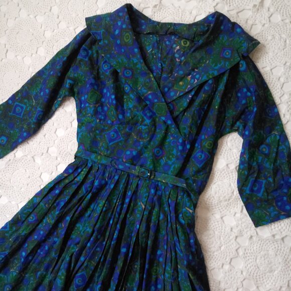 Vtg 50s 60s Midi Dress Fit Flare Blue Green Floral Shawl Collar Belted XS Women - Picture 4 of 7